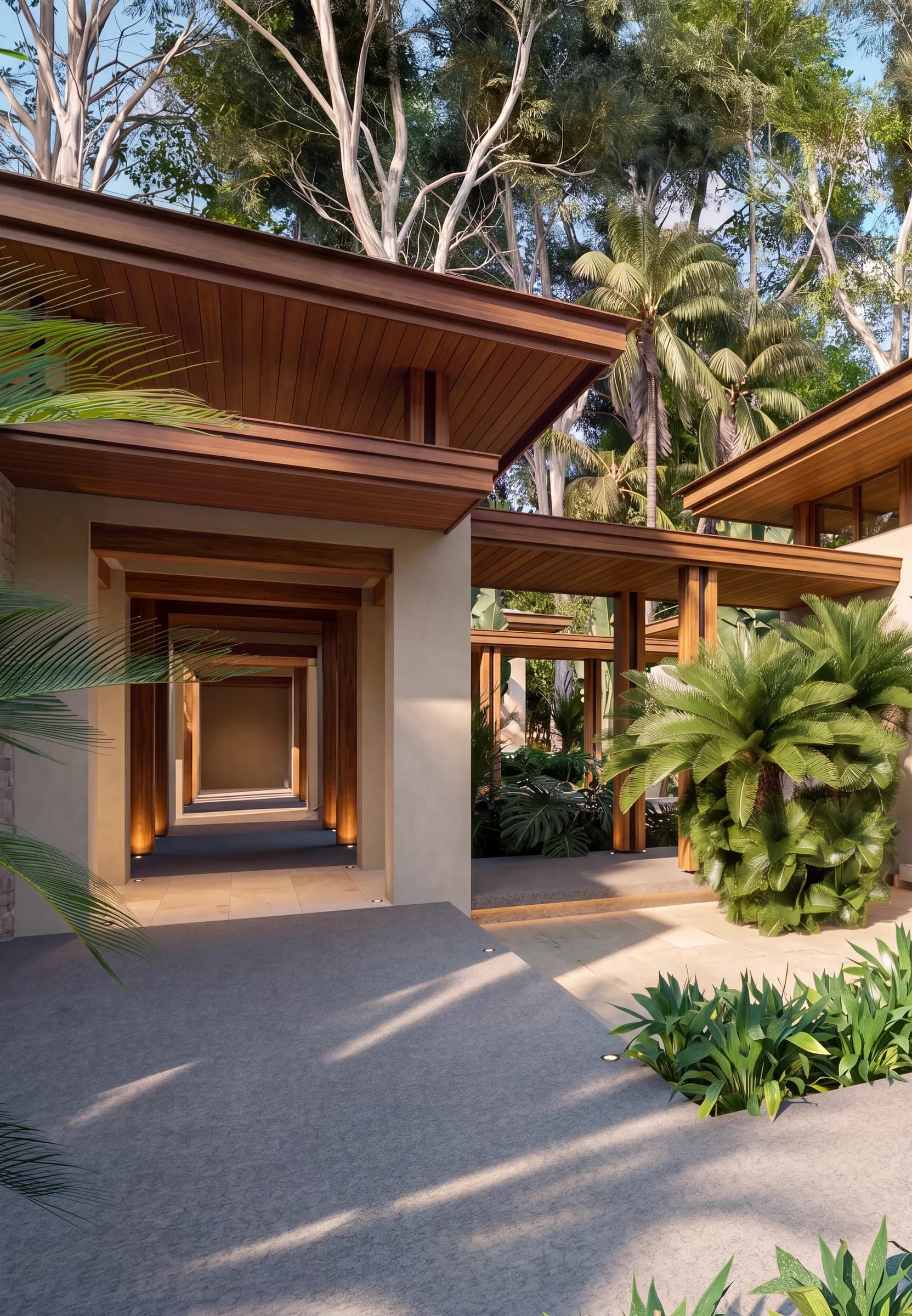 Architectural visualization of Selva’s covered corridor, roof edge and planting at Sueños del Mar.